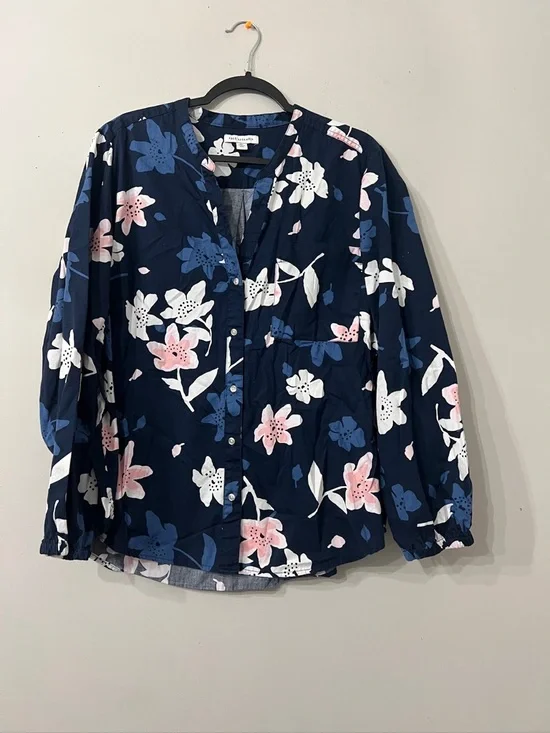 Women's Navy Floral Button-Front Blouse with Pink & White Flowers - Picture 1 of 2